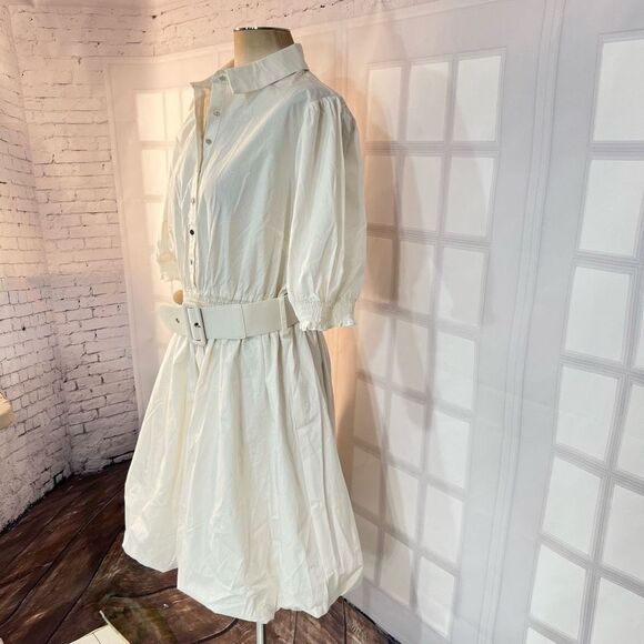 City chic NWT Emily ivory white collared sort sleeve bubble hem belted shirt dre - Picture 6 of 13